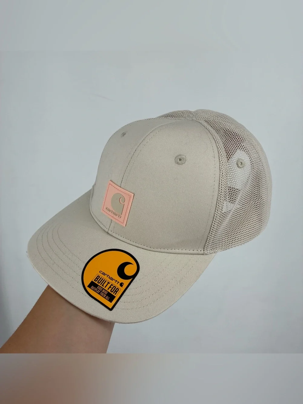 Carhartt Kids Trucker Hat Beige Canvas Mesh Pink Logo Patch Baseball Cap New